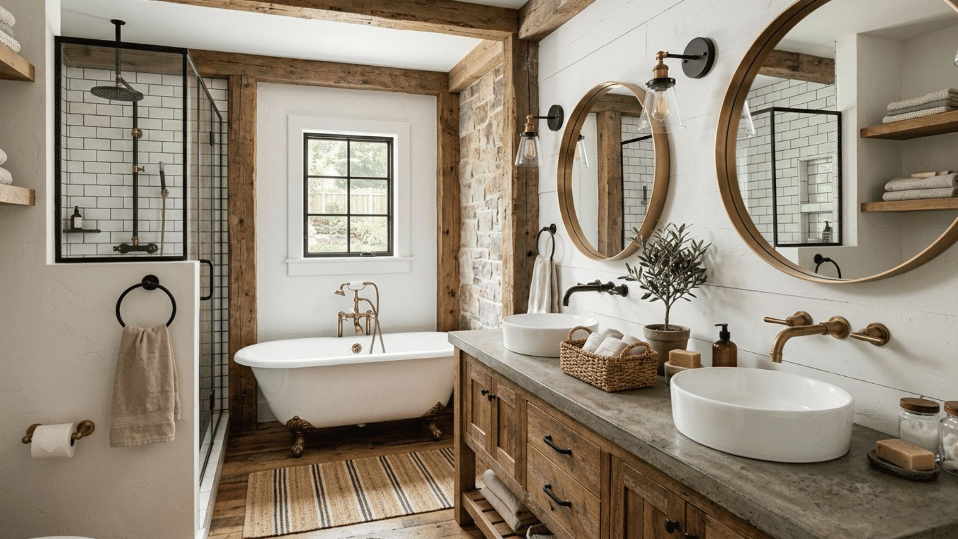 farmhouse with wood vanity, vessel sinks, round mirrors, and brass fixtures.