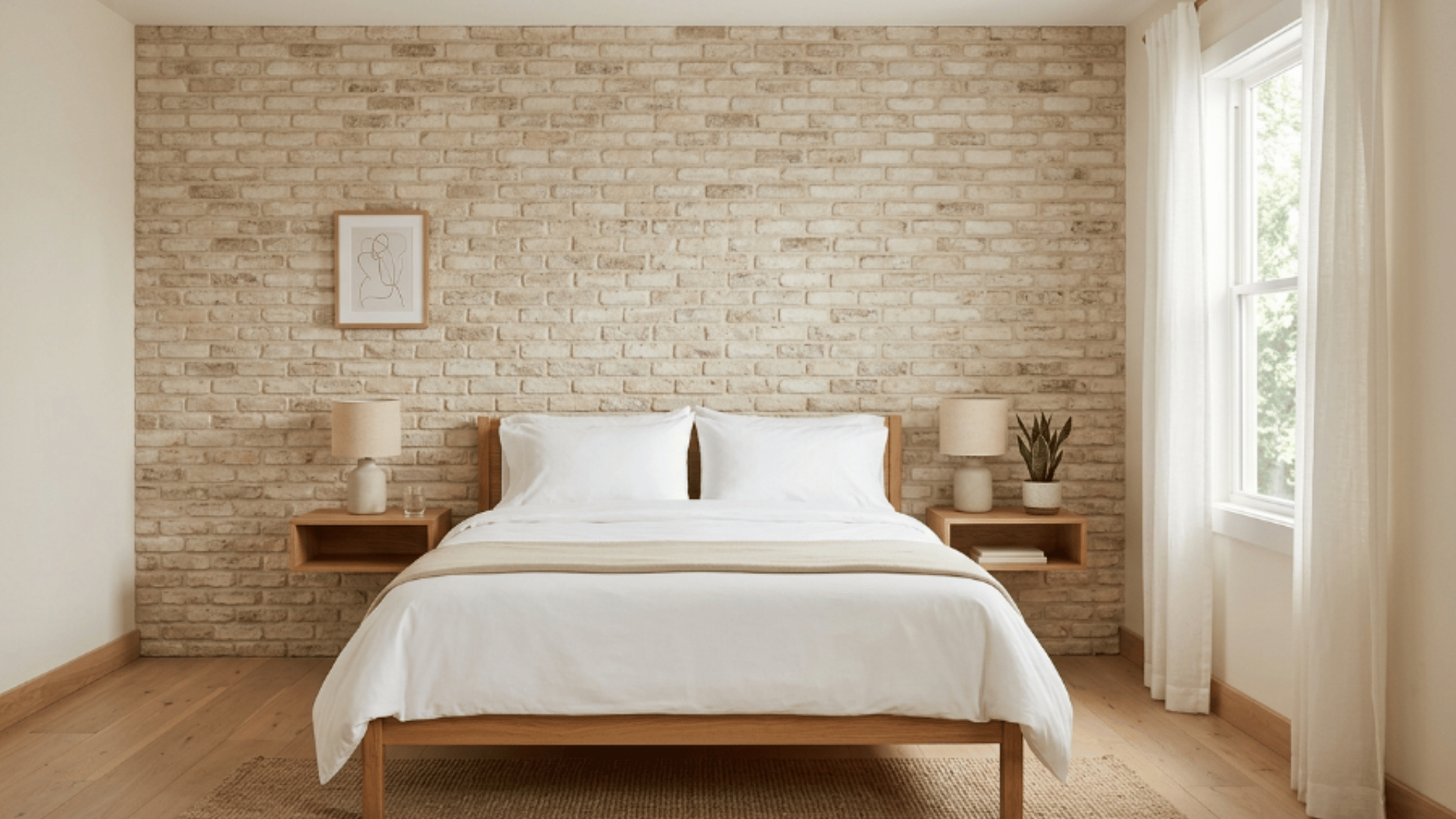 faux brick wall behind bed adding texture and a slightly raw look to a modern bedroom