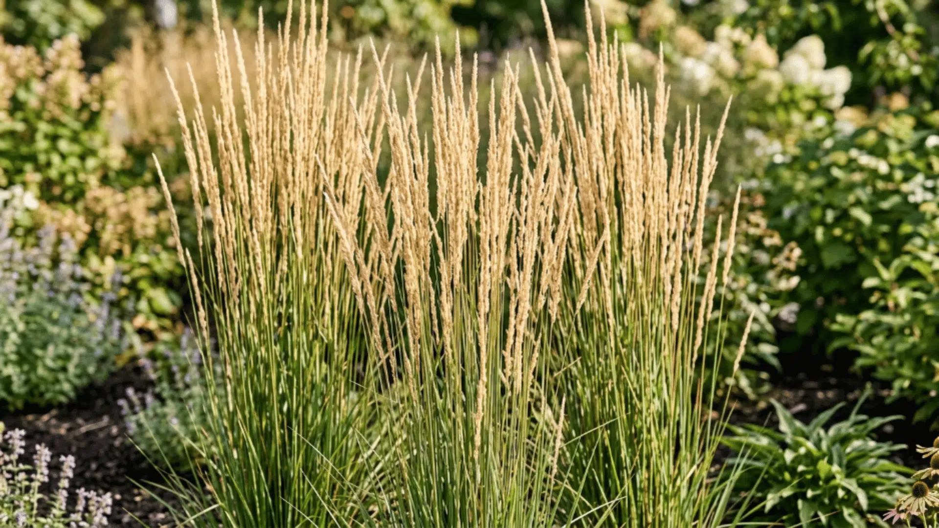 feather reed grass with tall narrow blades and vertical flower spikes