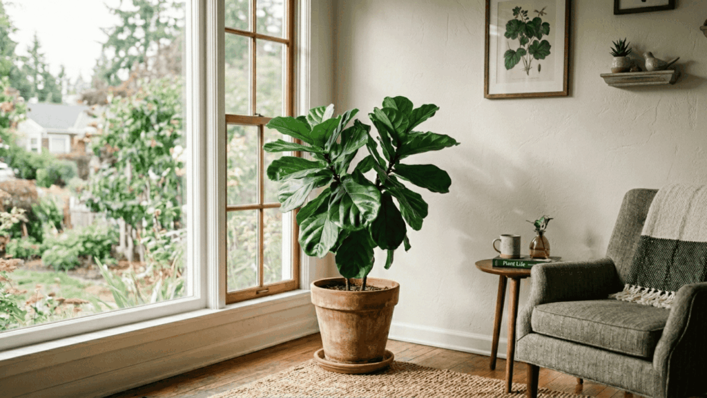 ficus lyrata plant in terracotta pot placed near bright window with natural light in indoor living room setting