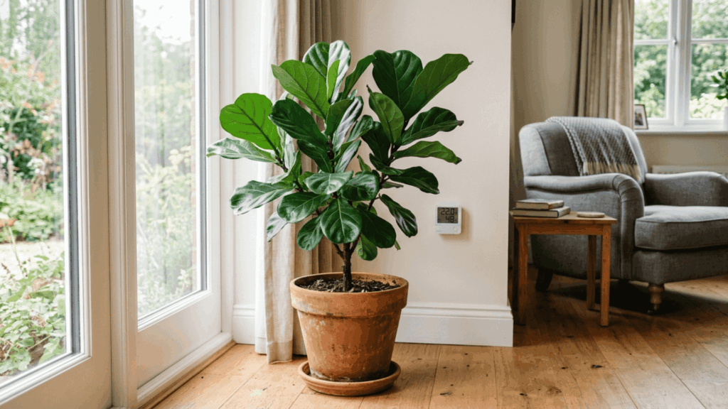 ficus lyrata with glossy green leaves near window with wall thermometer showing twenty two degrees celsius in indoor setting
