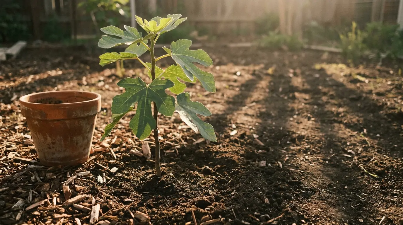 Young fig plant and terracotta pot in sunlit garden with mulch and soil