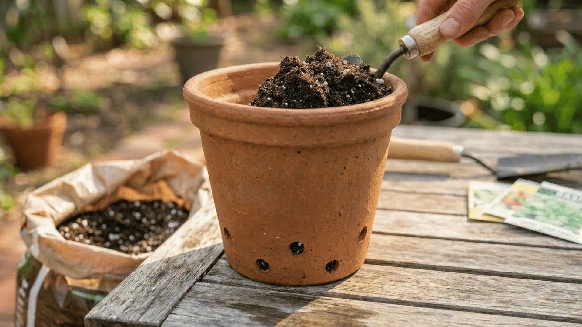 filling terracotta pot with soil using a small garden tool for basil planting.