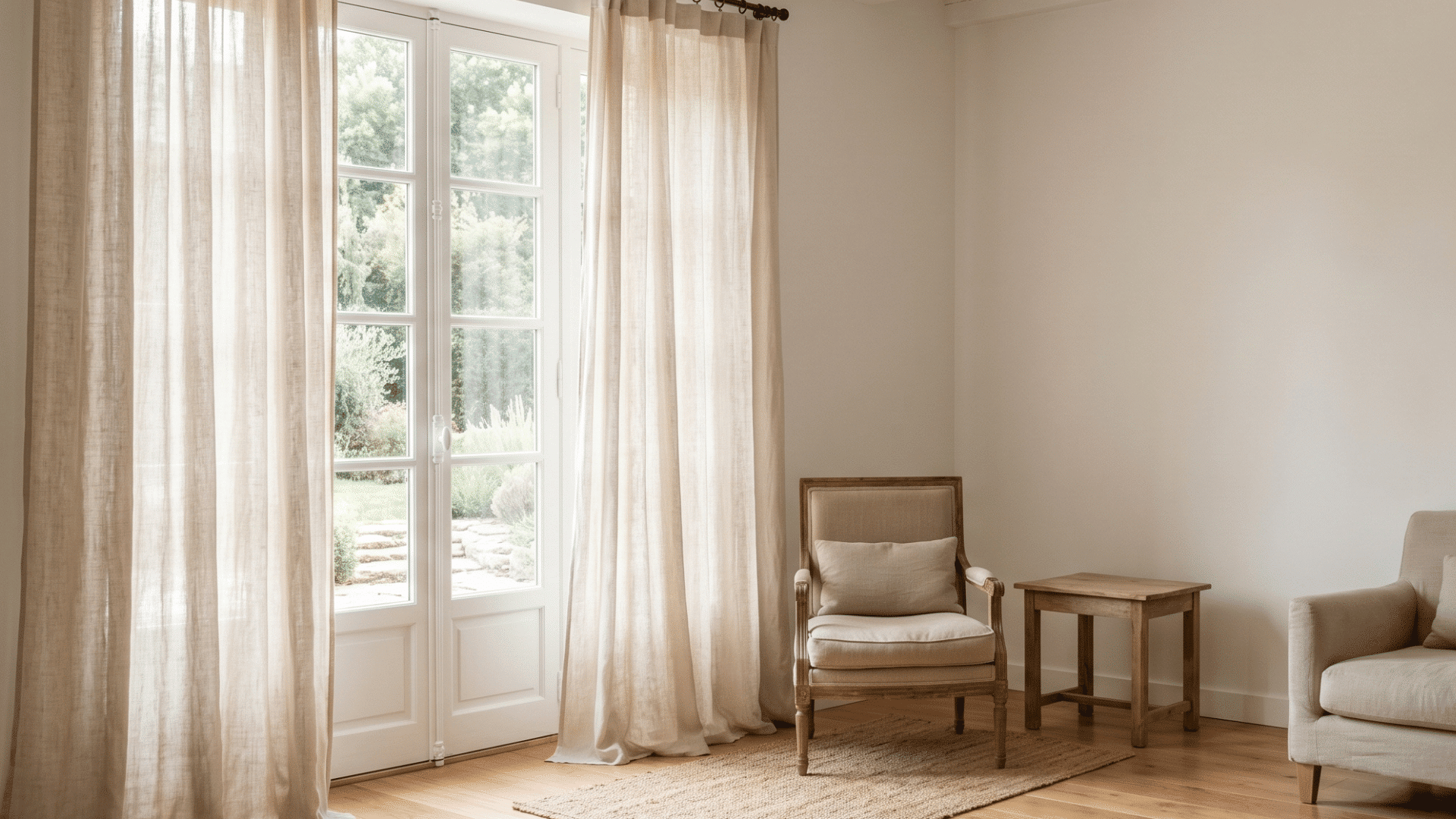 filters sunlight gently using linen curtains to create a calm and airy feel across the room