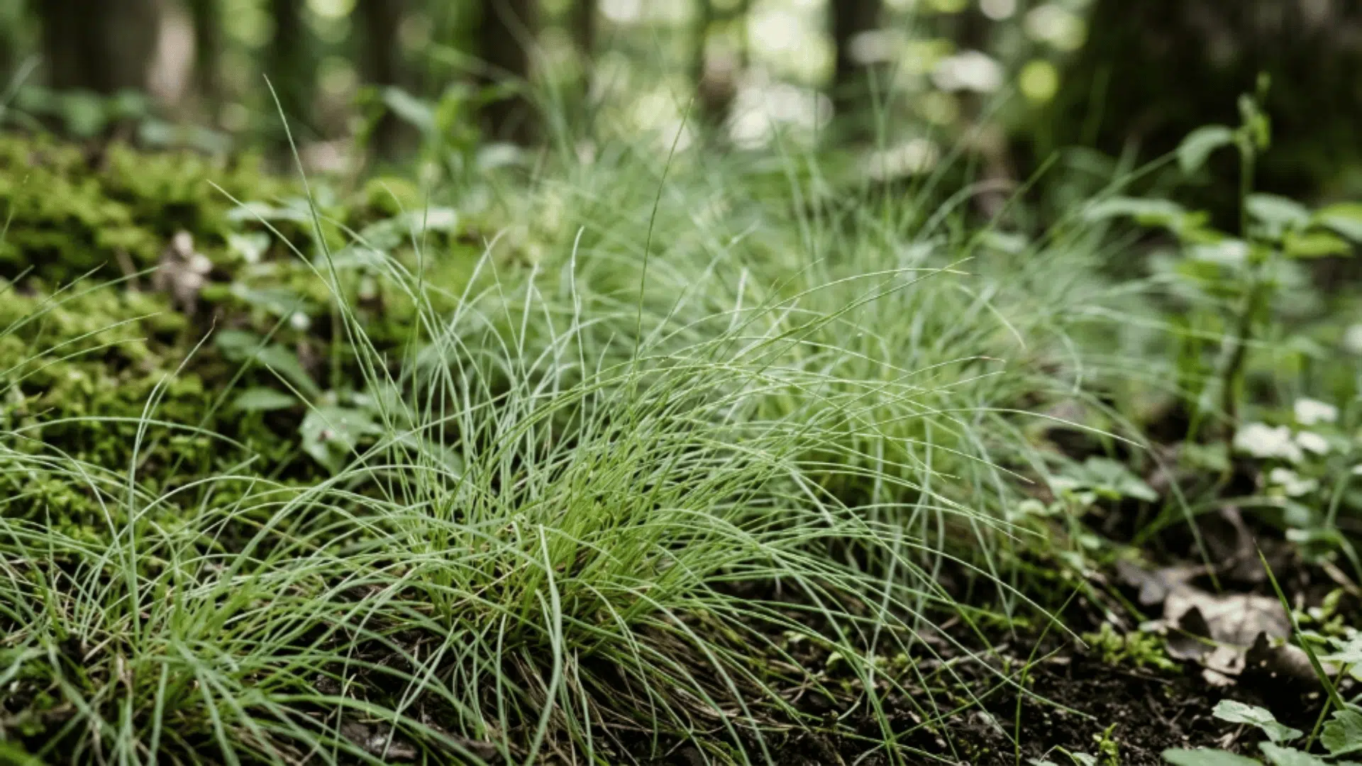 fine fescue grass with thin hair like blades soft texture and light green shaded lawn