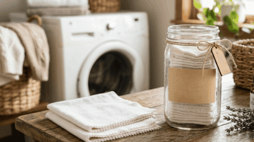finished DIY reusable dryer sheets stored in a glass jar, ready for use with laundry for a fresh, clean scent.