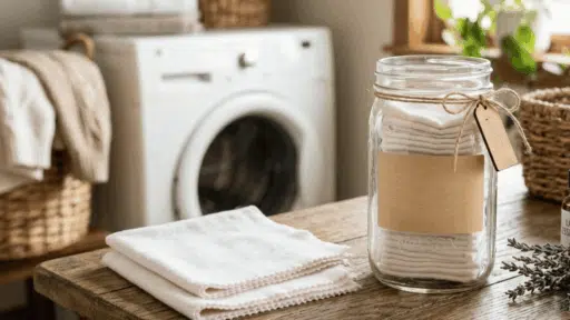 finished DIY reusable dryer sheets stored in a glass jar, ready for use with laundry for a fresh, clean scent.