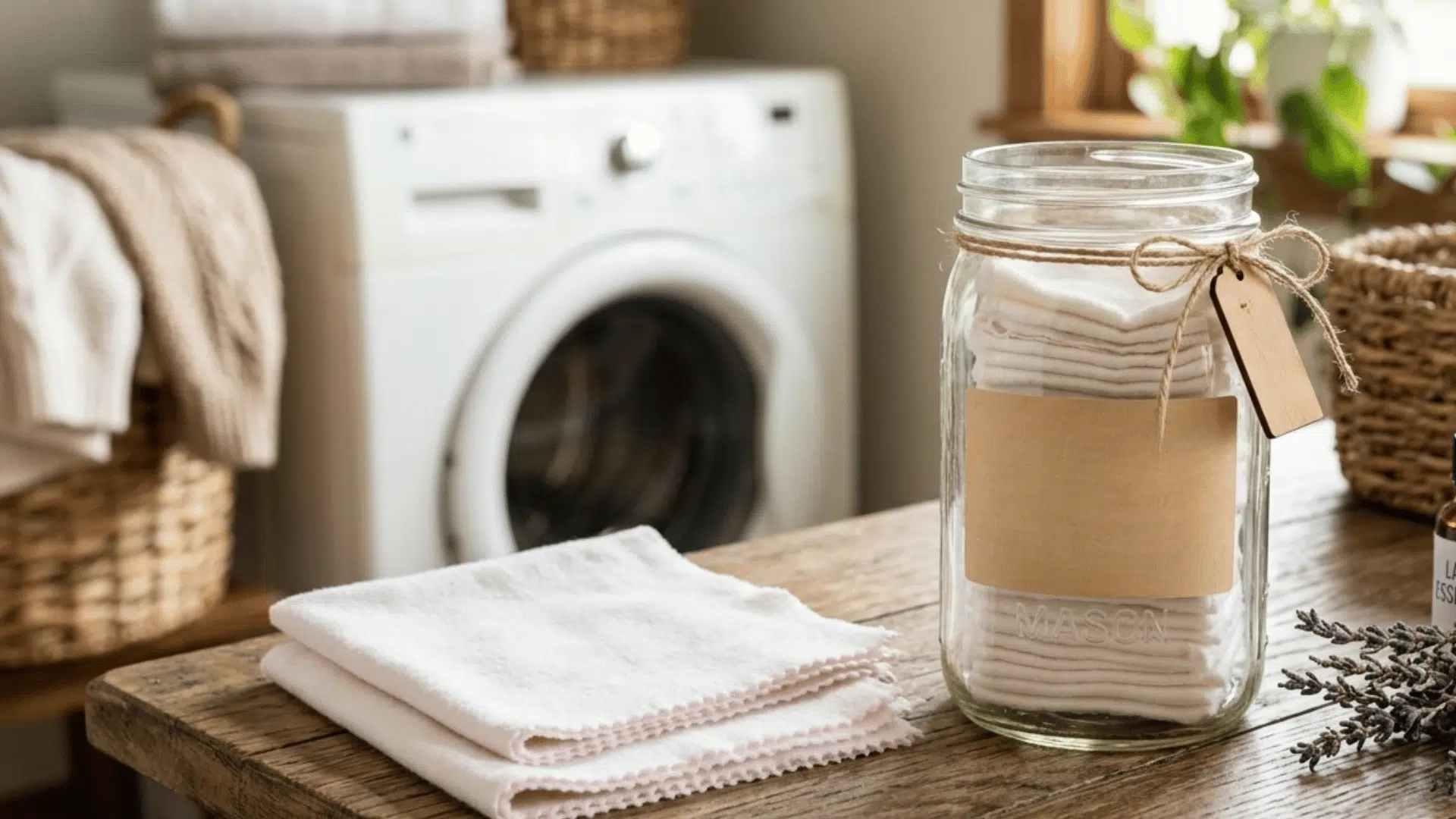 finished DIY reusable dryer sheets stored in a glass jar, ready for use with laundry for a fresh, clean scent.