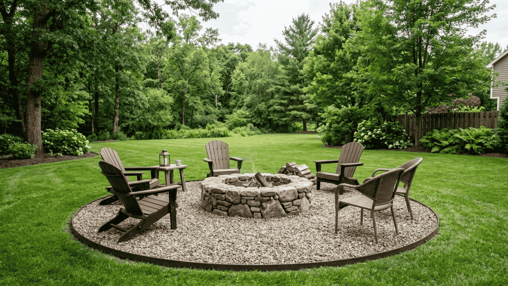 fire pit gravel patio setup with circular gravel base metal edging and outdoor chairs placed around the pit