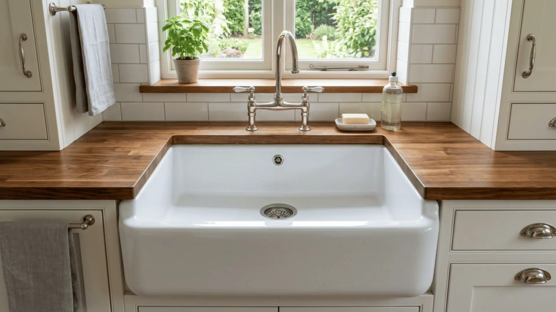 fireclay sink with glossy finish and deep clean empty basin on traditional style kitchen setup