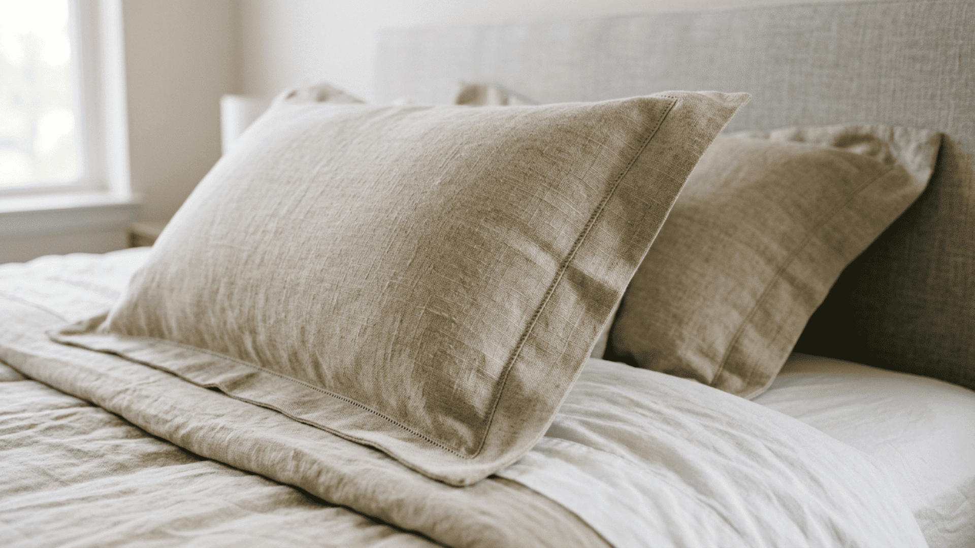 flanged pillow sham showing border edges and structured design in a close up realistic bed setup