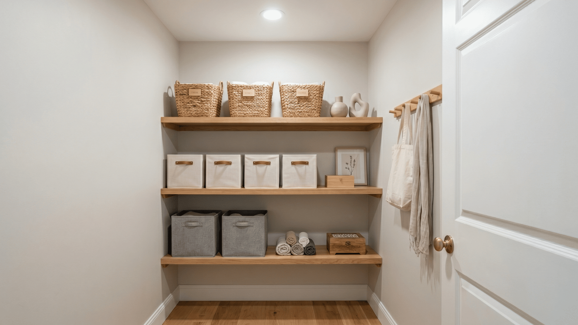 flat painted closet walls smooth no sheen finish with shelves minimal decor clean organized space