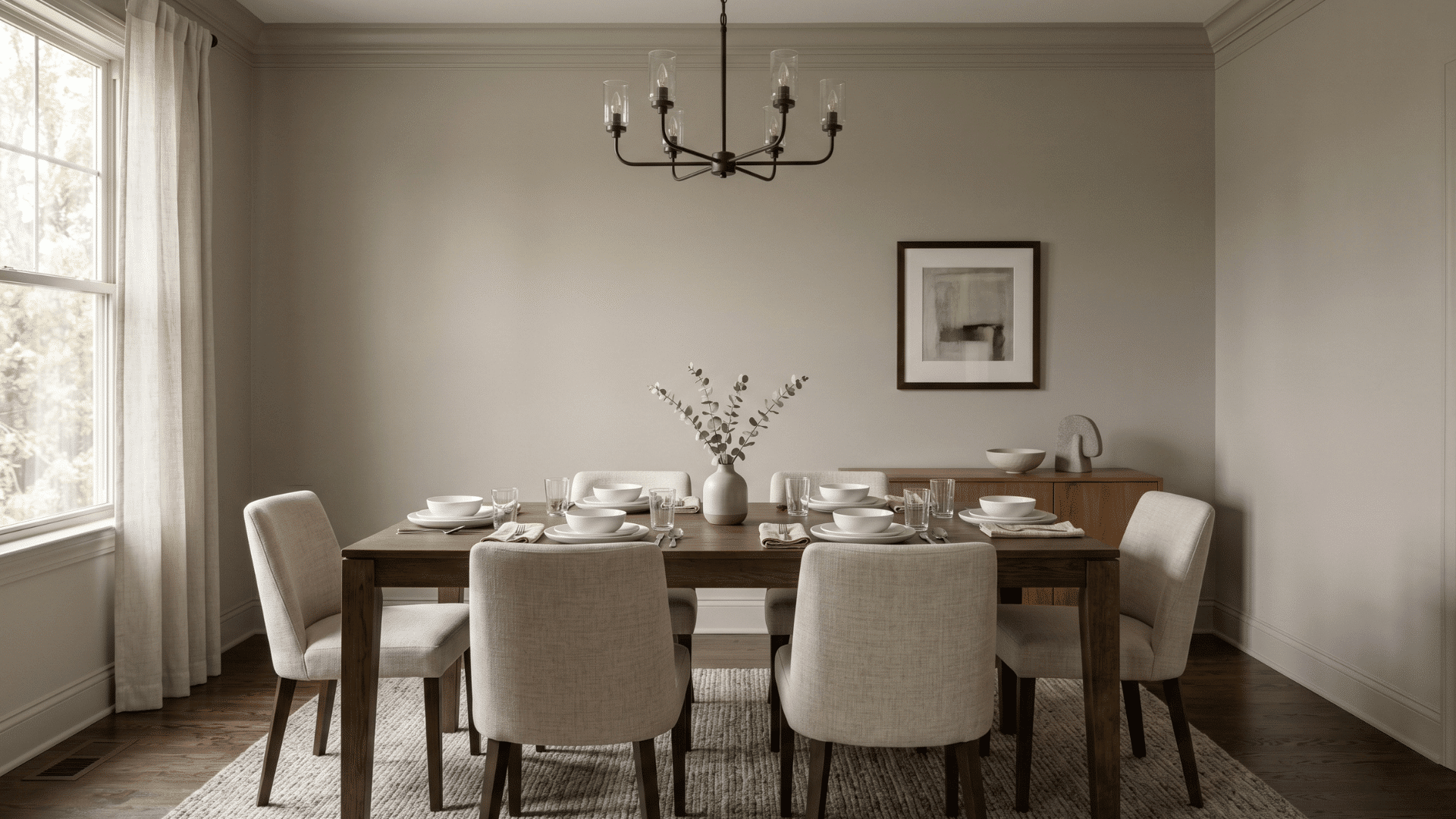 flat painted dining room walls with no shine soft light minimal decor clean and organized space