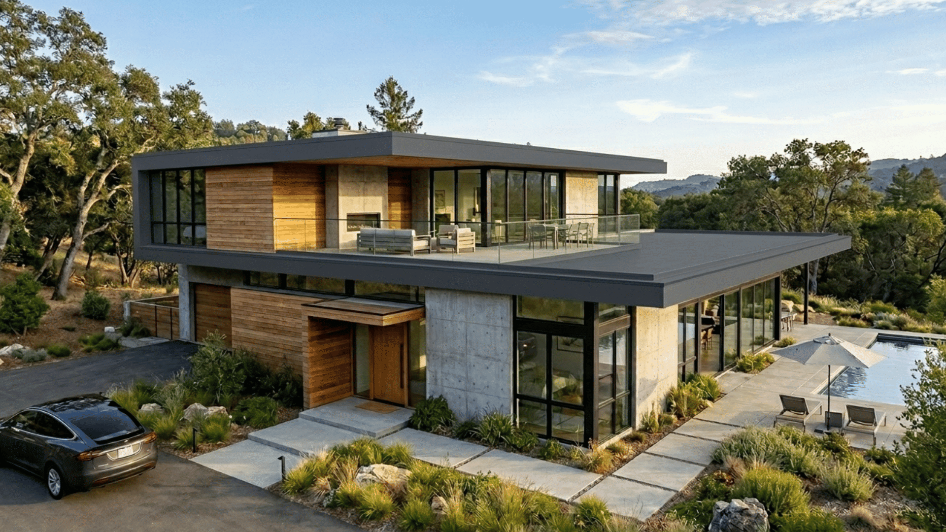 flat-roof contemporary home with concrete, wood, and poolside patio.