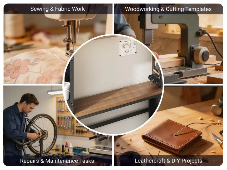 Diverse craftsmanship activities with sewing machine, woodworking tools, and leathercraft materials in workshop setting
