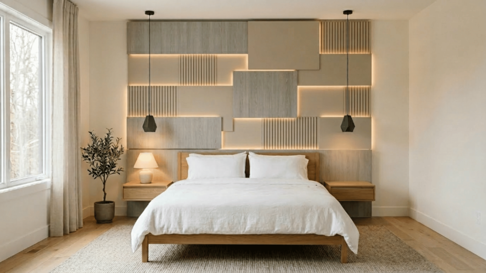 floating panels creating layered depth and a clean modern look behind the bed