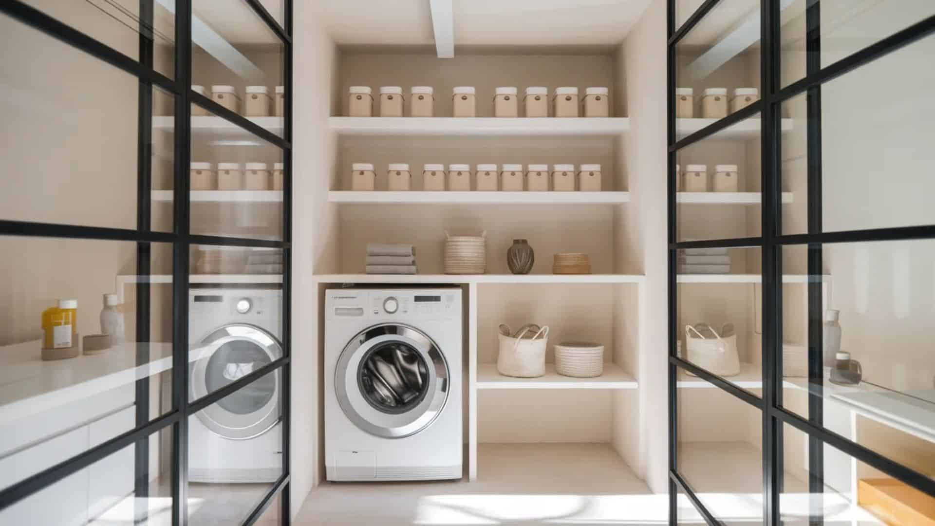 floating shelf laundry setup with open shelves, uniform storage jars, front-load washing machine, and a bright minimal beige modern design (1)