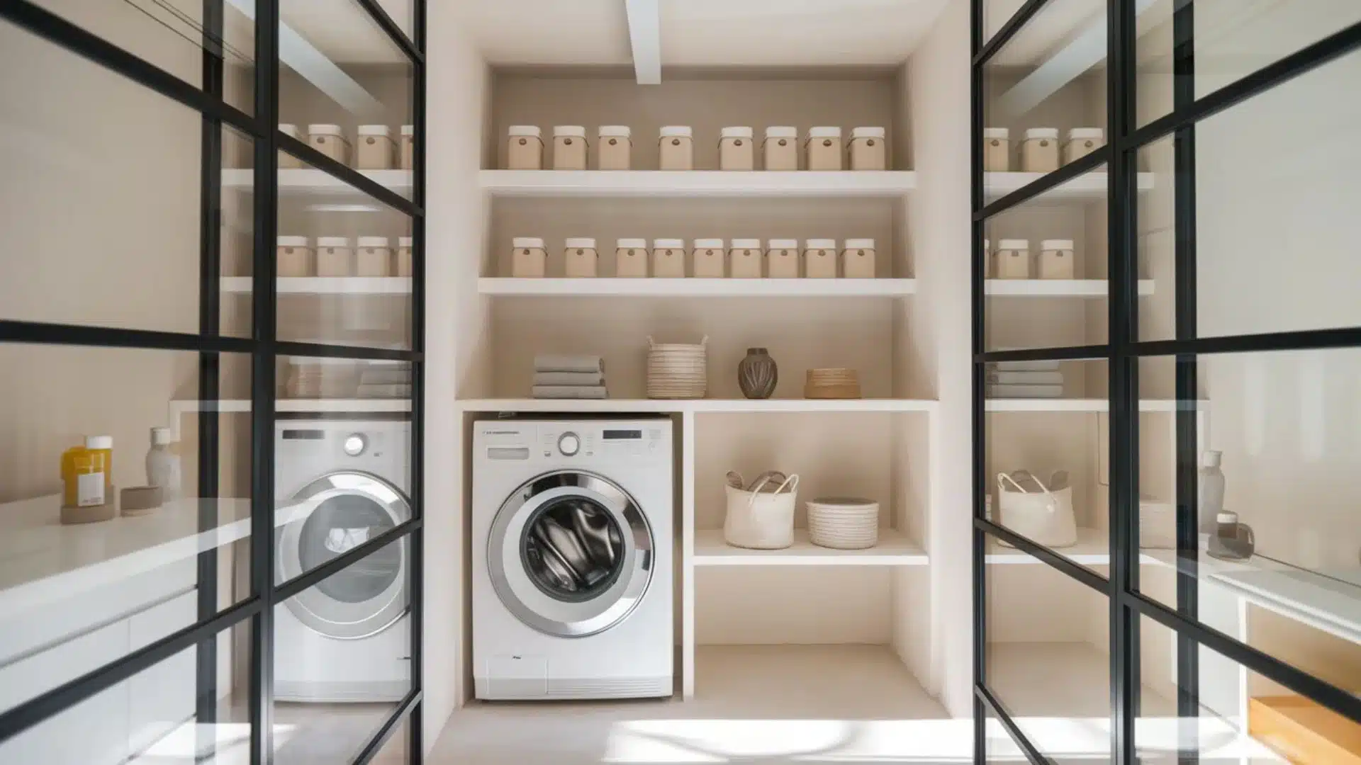 floating shelf laundry setup with open shelves, uniform storage jars, front-load washing machine, and a bright minimal beige modern design (1)