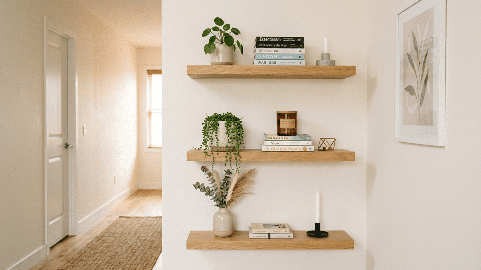 Floating shelves in hallway styled with plants, books, and decor items