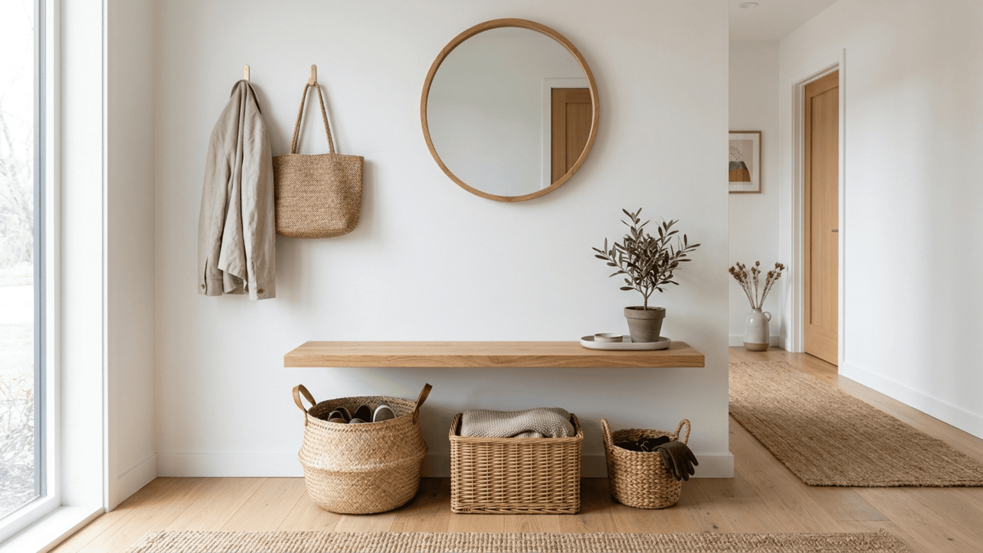 floating wall mounted wooden bench with wicker storage baskets underneath in a clean minimal entryway space