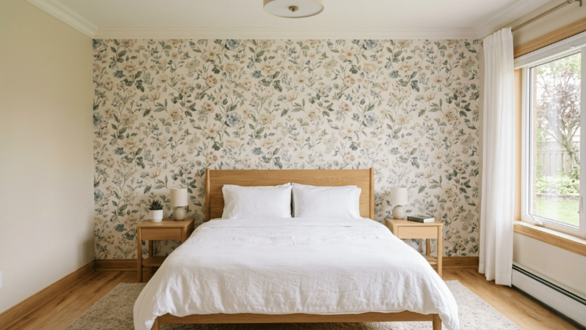 floral wallpaper behind bed adding soft pattern and a cozy feel to a light bedroom setup (1)