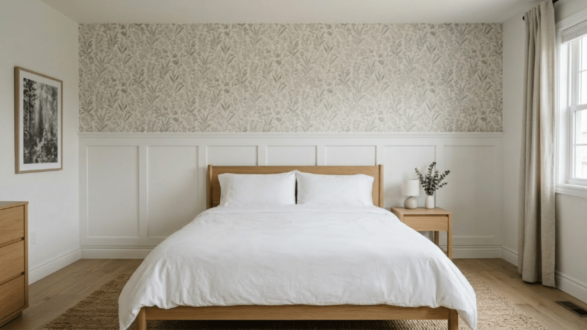floral wallpaper behind bed adding soft pattern and a cozy feel to a light bedroom setup