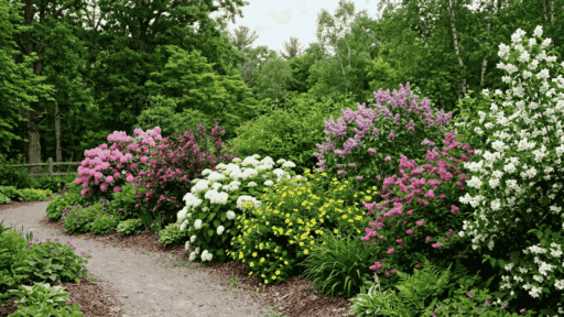 flowering shrubs in a garden displaying a mix of colorful blooms across different varieties in natural daylight