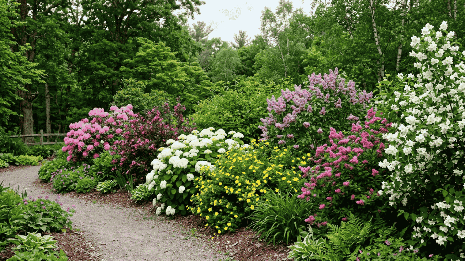 flowering shrubs in a garden displaying a mix of colorful blooms across different varieties in natural daylight