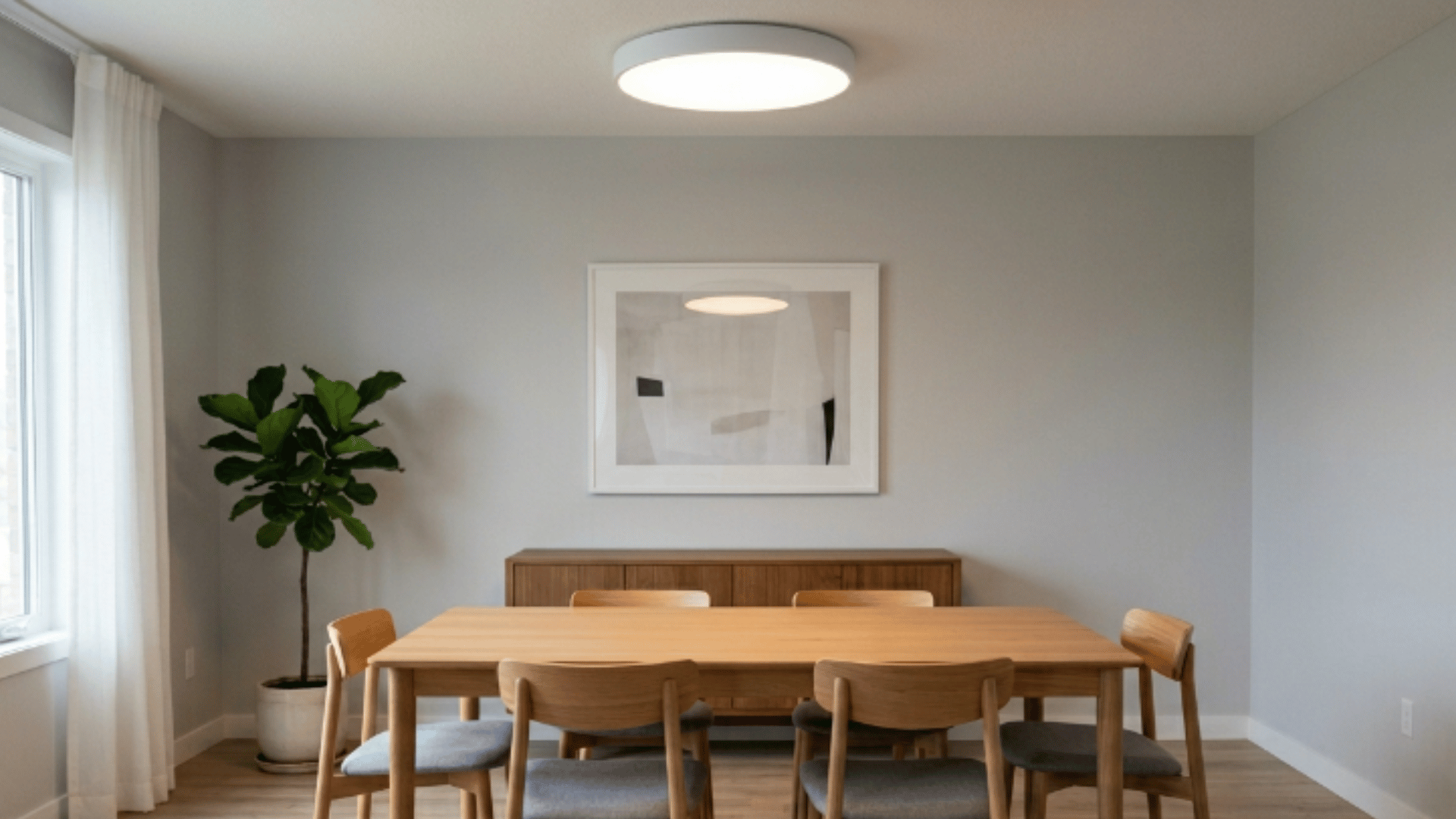 flush ceiling light mounted close above empty dining table in a clean modern dining room with minimal setup