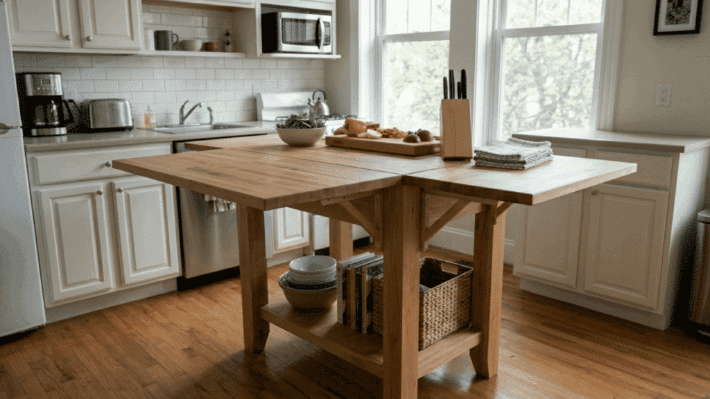 foldable kitchen island with wooden top and storage shelf in a small kitchen.