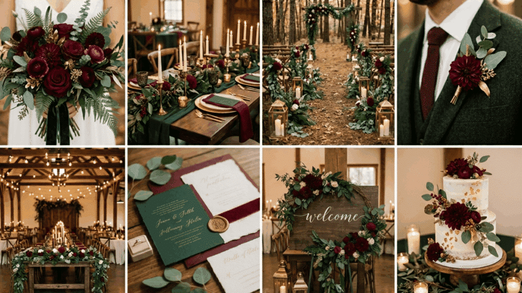 forest green and burgundy wedding color scheme collage with rich florals candles and decor