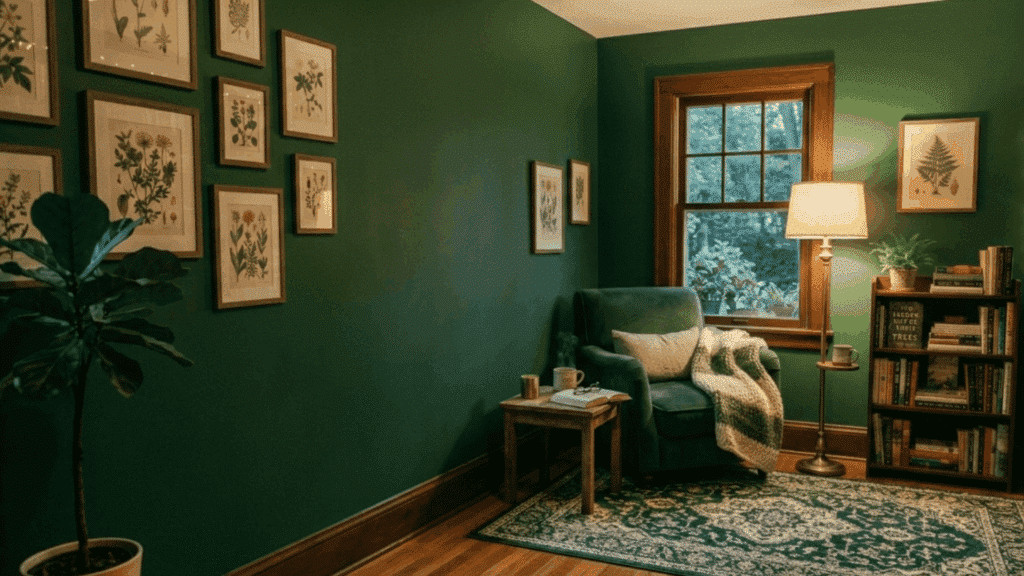 forest green reading corner with armchair, bookshelf, and warm floor lamp