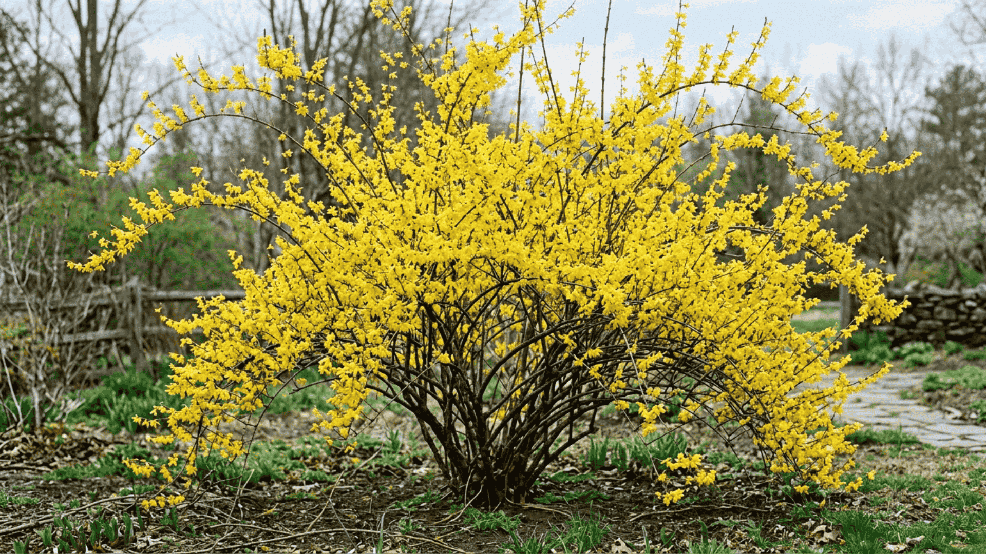forsythia shrub covered in bright yellow flowers on bare arching branches photographed in early spring before leaves appear