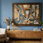 framed mixed media wall art with wood, patterns, and textures displayed on a blue accent wall.