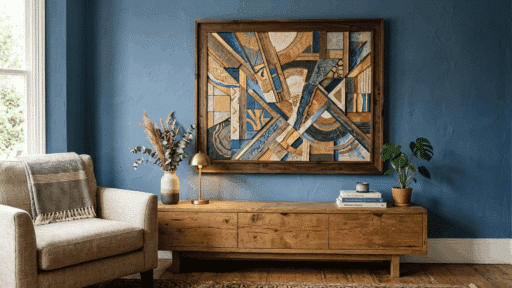 framed mixed media wall art with wood, patterns, and textures displayed on a blue accent wall.