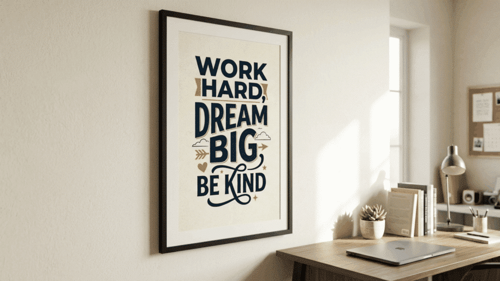 framed typography quote art with motivational text displayed above a modern desk.