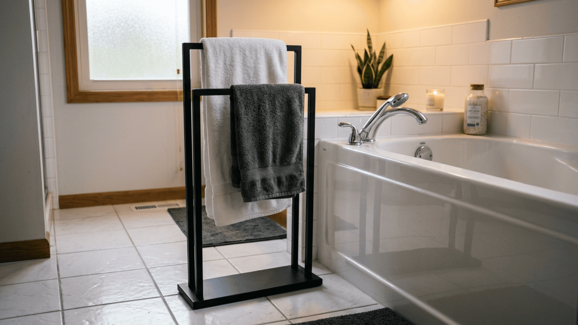 freestanding matte black towel bar standing beside a bathtub with two towels draped over the bars on a white floor