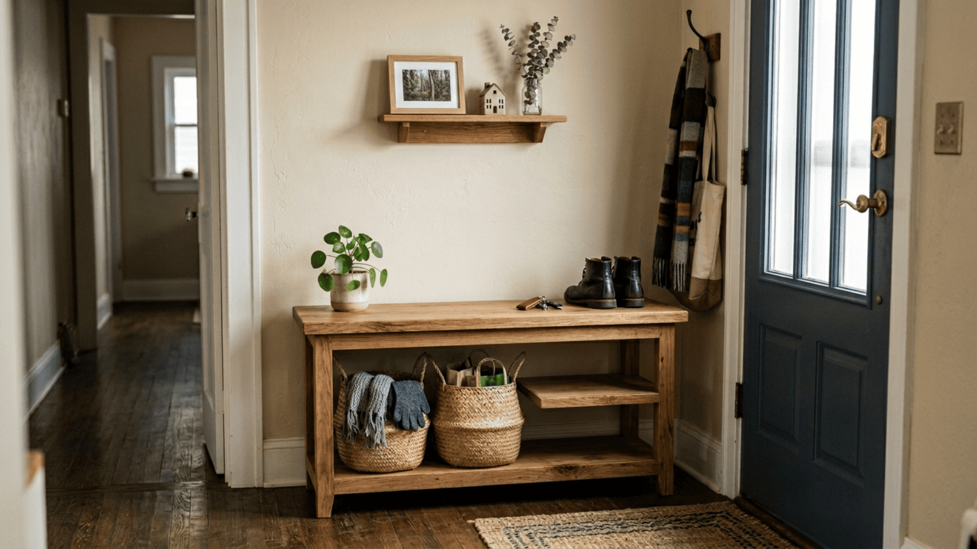 freestanding wooden bench with open lower shelves and woven baskets underneath near an entryway door with wall shelf above