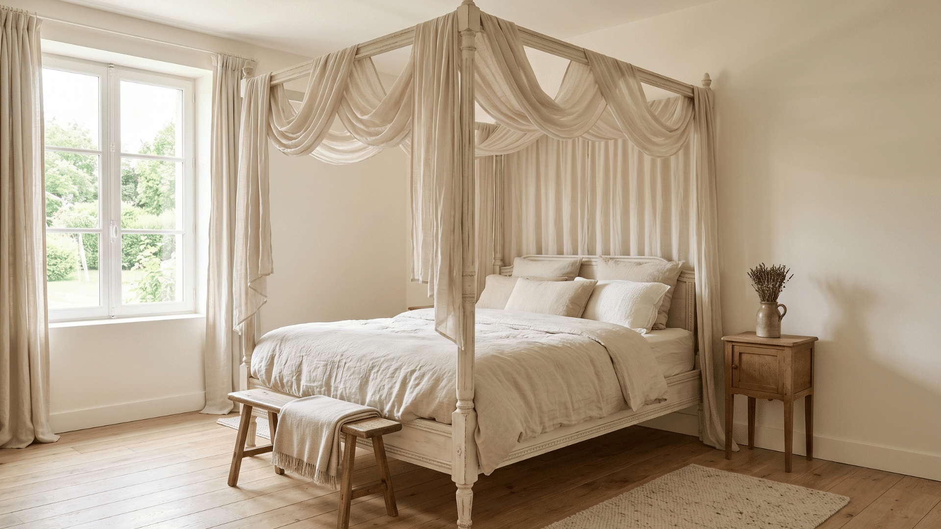 french country bedroom with canopy bed and soft linen draping, neutral tones and smooth polished walls