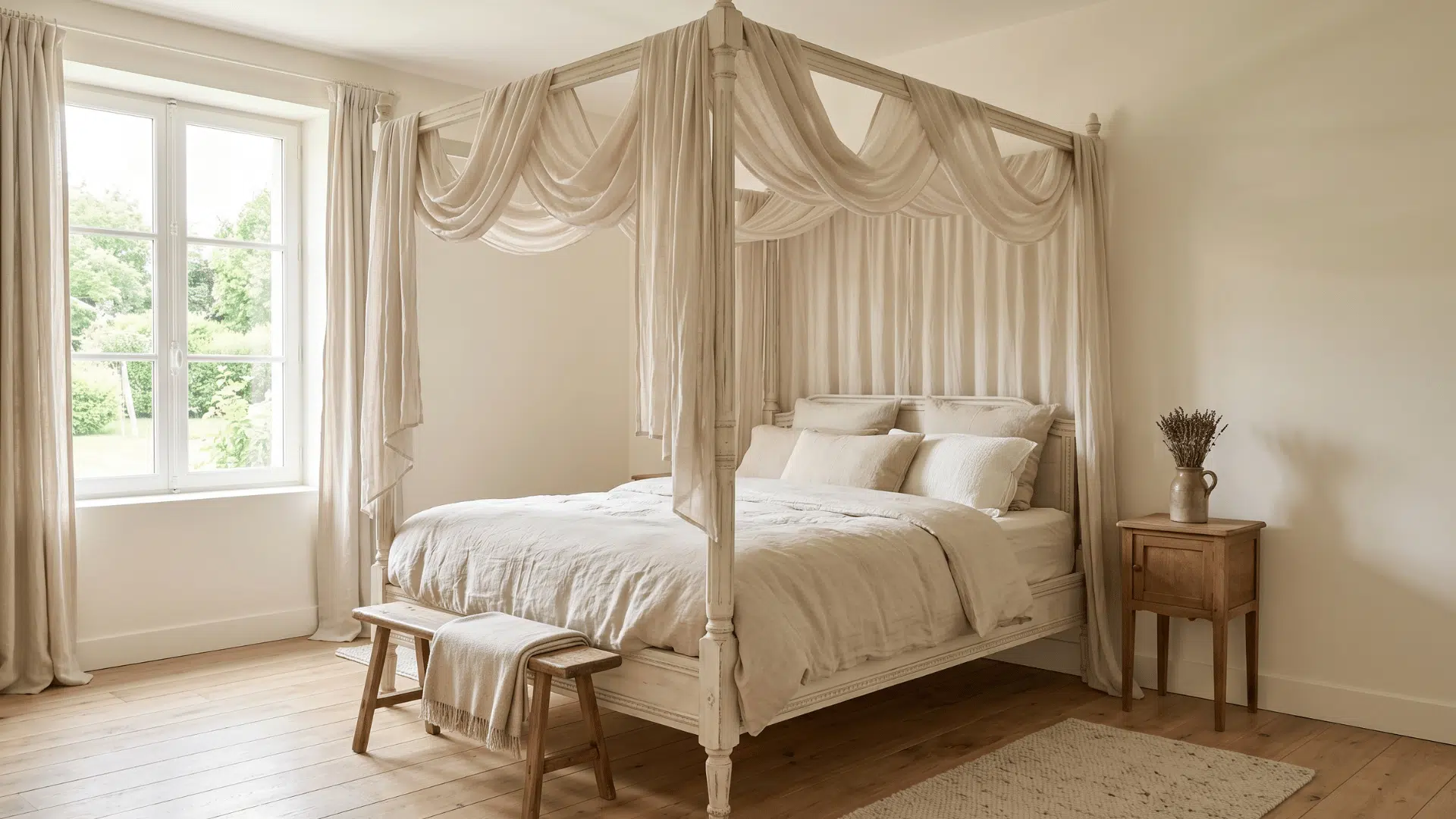 french country bedroom with canopy bed and soft linen draping, neutral tones and smooth polished walls