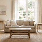 french country interior design room with neutral colors, natural wood furniture and smooth polished walls