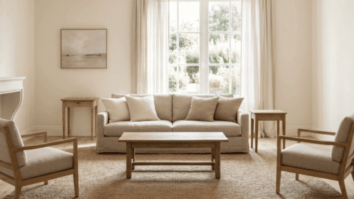 french country interior design room with neutral colors, natural wood furniture and smooth polished walls