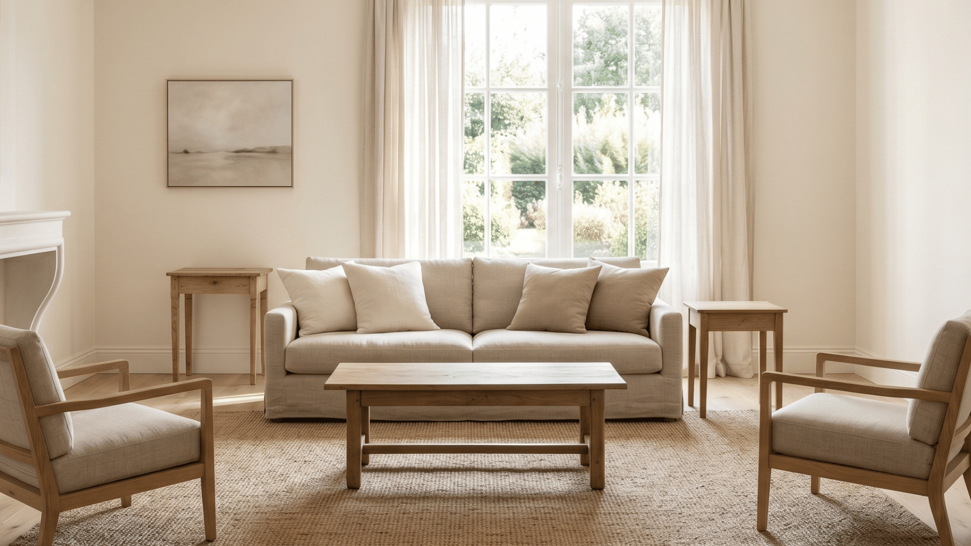 french country interior design room with neutral colors, natural wood furniture and smooth polished walls