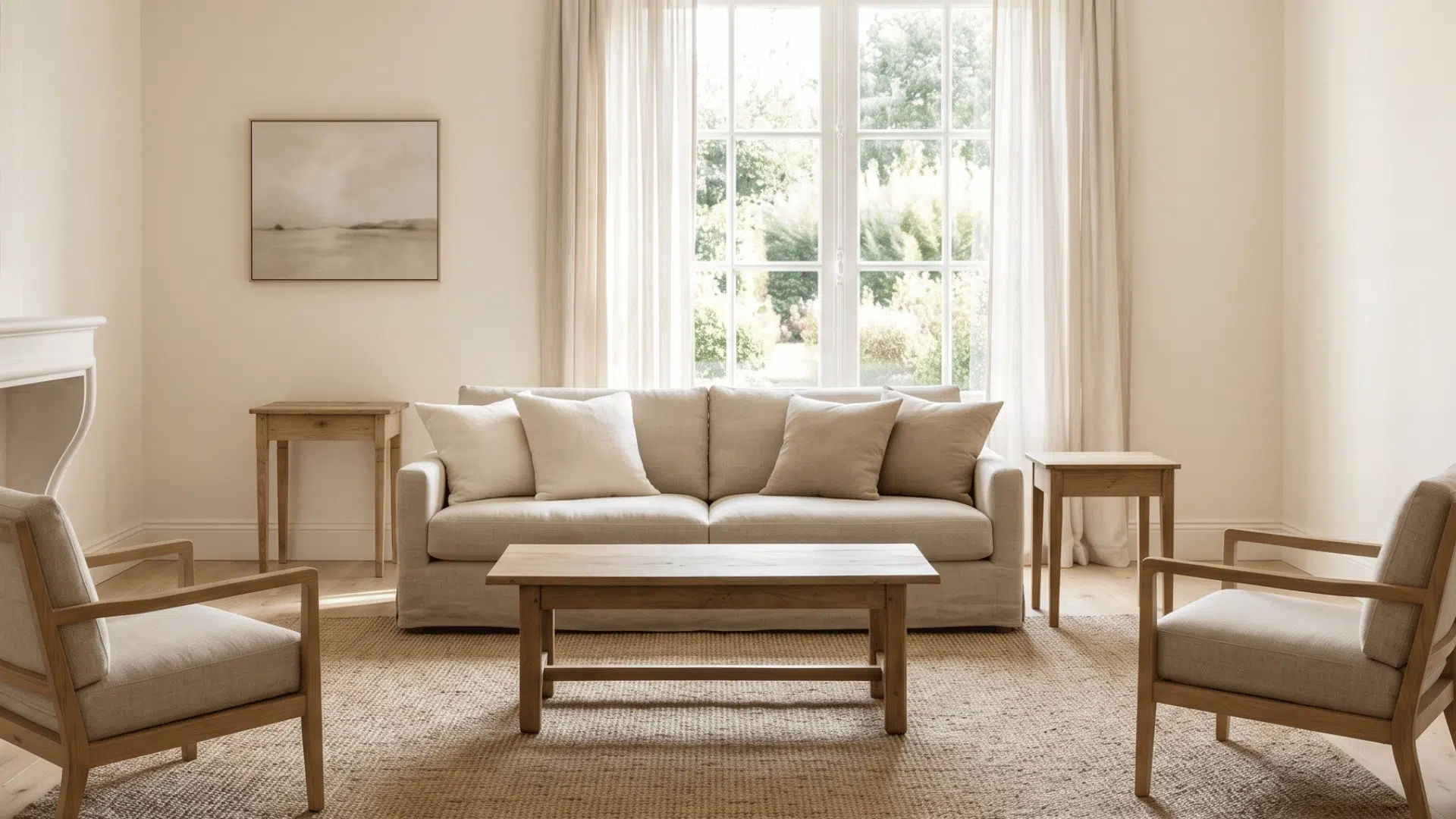 french country interior design room with neutral colors, natural wood furniture and smooth polished walls