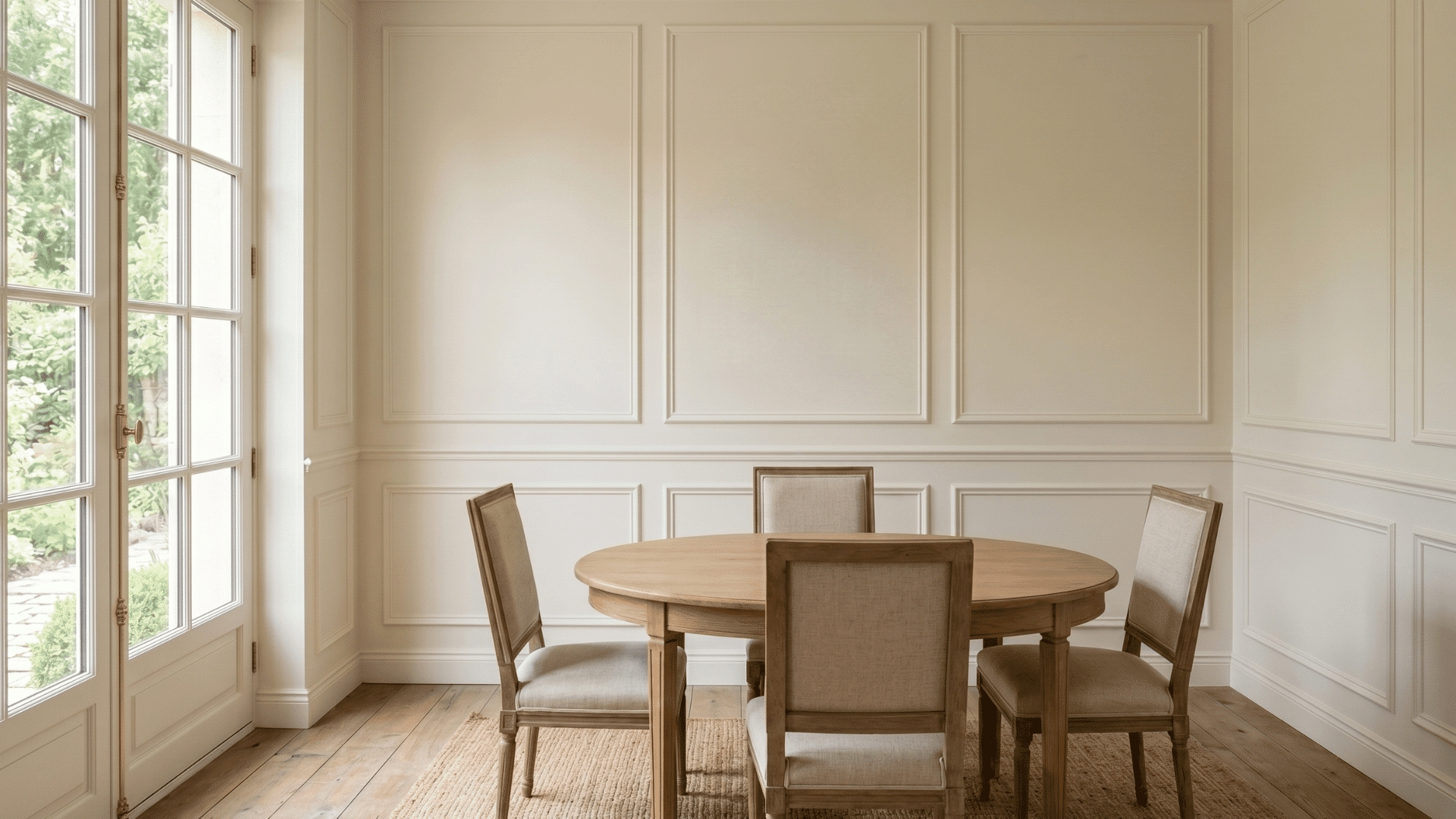 french country interior with wall molding panels and smooth polished cream walls in soft natural light