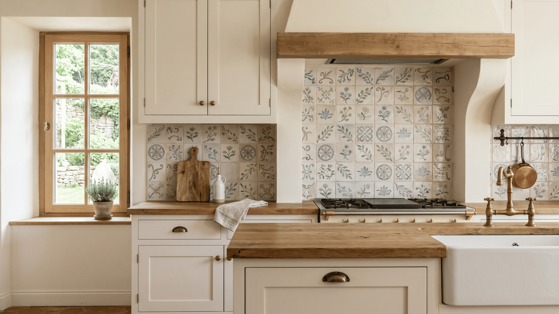 french country kitchen with hand painted tile backsplash and smooth polished walls in neutral tones