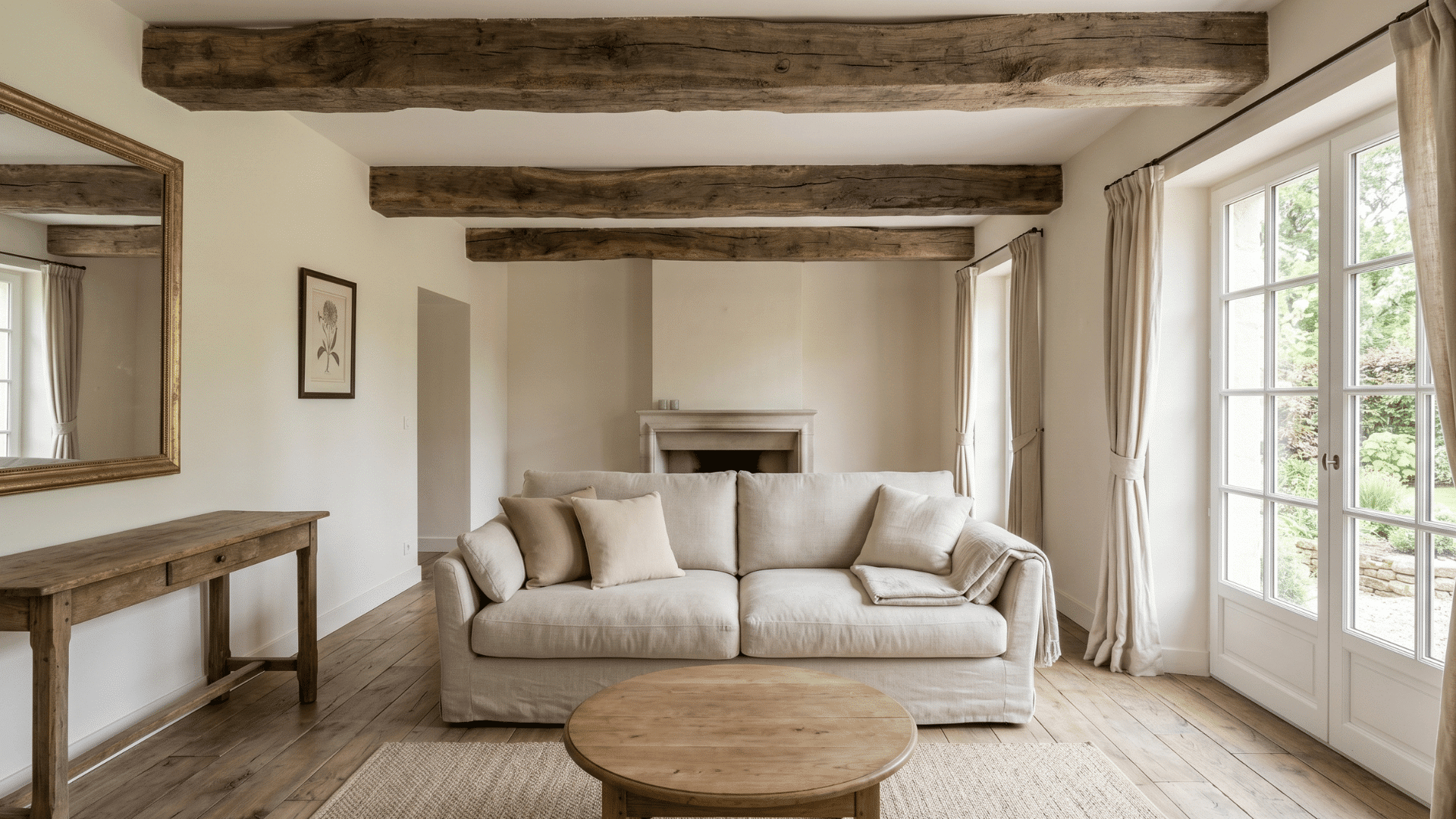 french country living room with reclaimed wooden ceiling beams, linen sofa and smooth cream walls in soft natural light