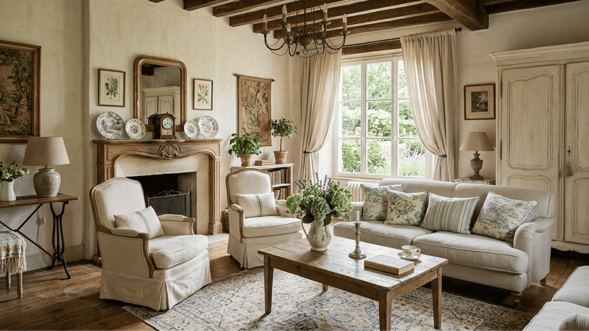 french country living room with soft tones, rustic wood, floral accents, and cozy seating.