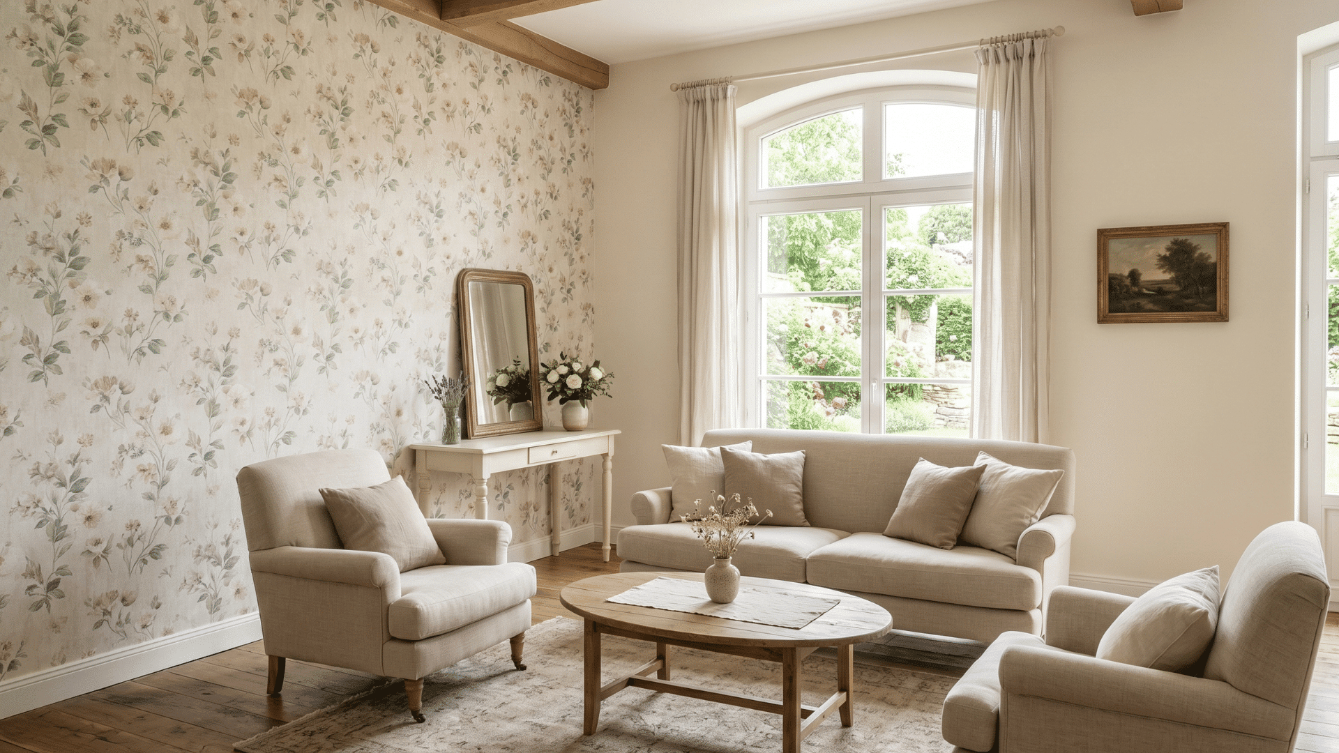 french country room with soft floral wallpaper and smooth polished walls in neutral tones