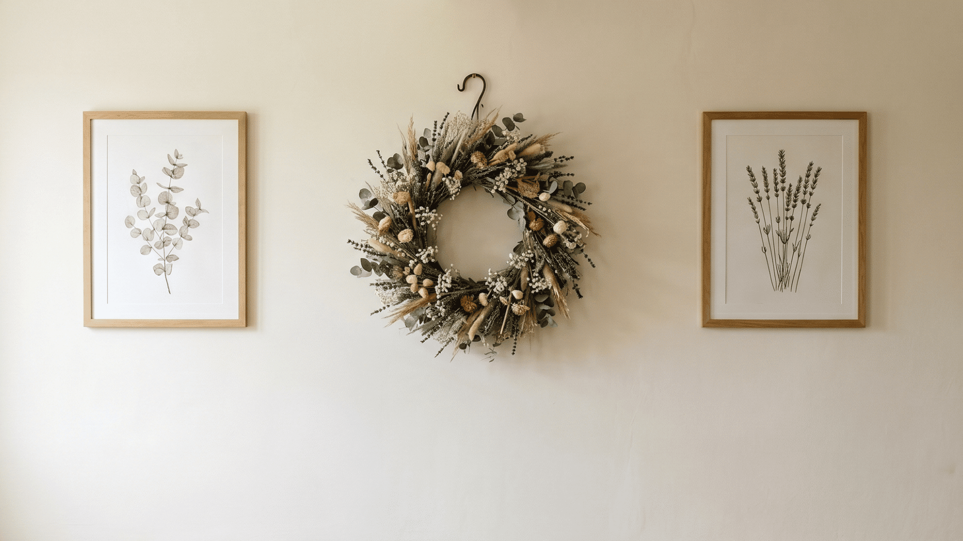 french country wall with dried floral wreath and blank botanical frames on smooth polished walls